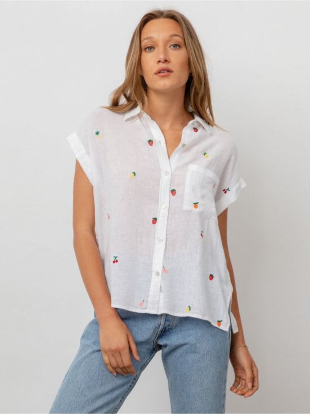 Rails Whitney Women's S White Linen Fruit Embroidered Button Shirt Resort Boho